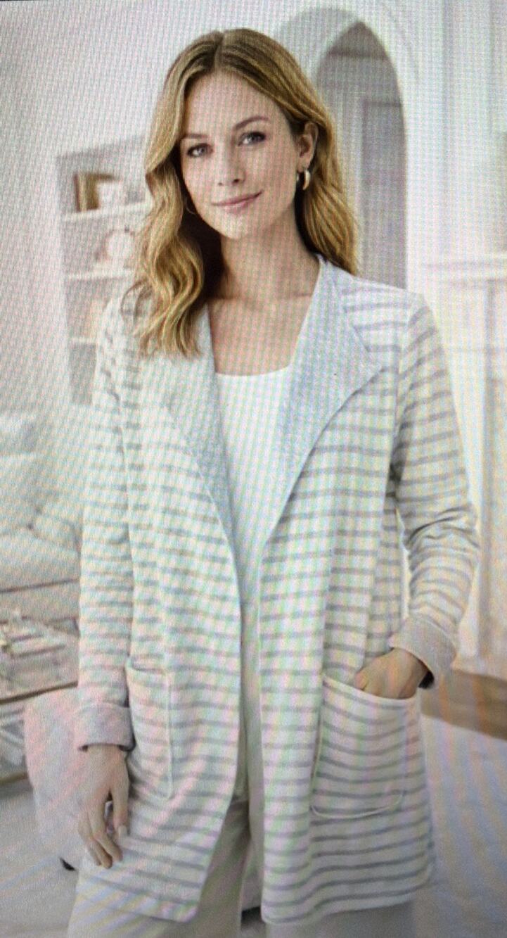 Loft reversible Sweater Gray White Striped Cardigan Waterfall Cotton medium NWT